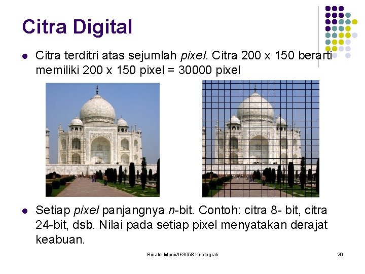 Citra Digital l Citra terditri atas sejumlah pixel. Citra 200 x 150 berarti memiliki