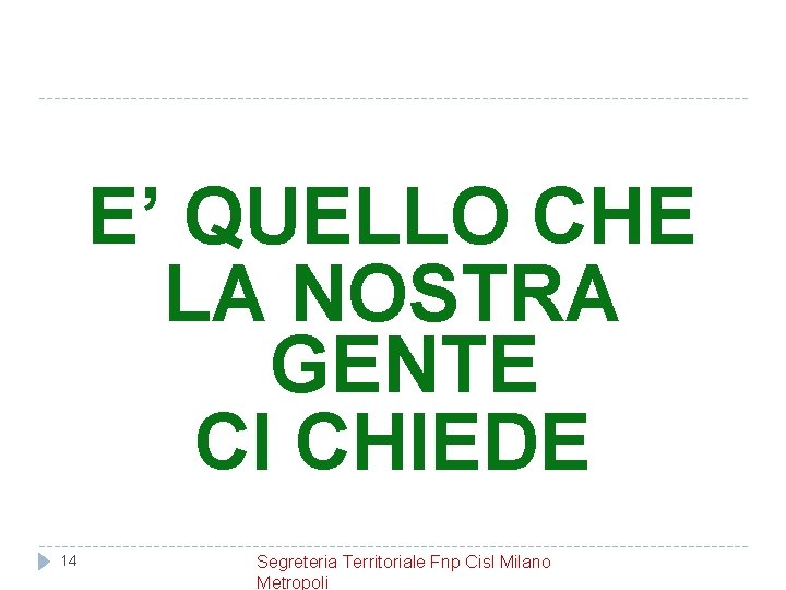 E’ QUELLO CHE LA NOSTRA GENTE CI CHIEDE 14 Segreteria Territoriale Fnp Cisl Milano