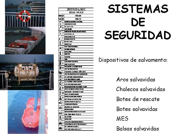 SISTEMAS DE SEGURIDAD Dispositivos de salvamento: Aros salvavidas Chalecos salvavidas Botes de rescate Botes