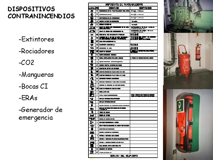 DISPOSITIVOS CONTRANINCENDIOS -Extintores -Rociadores -CO 2 -Mangueras -Bocas CI -ERAs -Generador de emergencia 