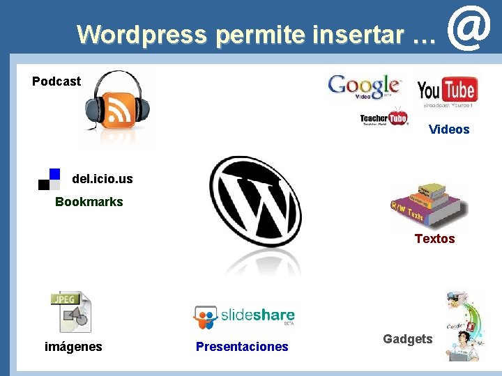 Wordpress permite insertar … Podcast Videos del. icio. us Bookmarks Textos imágenes Presentaciones Gadgets