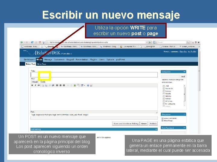 Escribir un nuevo mensaje Utiliza la opción WRITE para escribir un nuevo post o