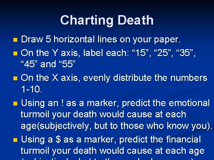 Charting Death Draw 5 horizontal lines on your paper. n On the Y axis,