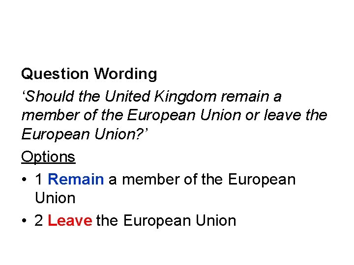 Question Wording ‘Should the United Kingdom remain a member of the European Union or