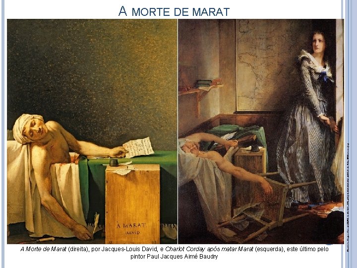 A Morte de Marat (direita), por Jacques-Louis David, e Charlot Corday após matar Marat