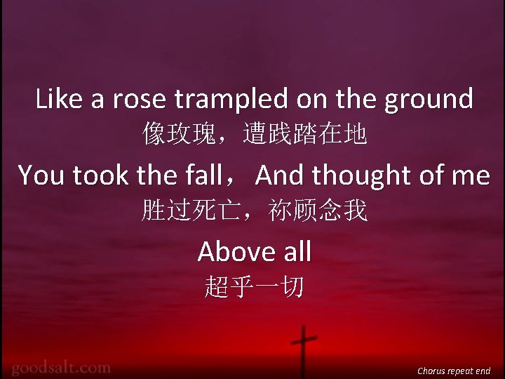 Like a rose trampled on the ground 像玫瑰，遭践踏在地 You took the fall，And thought of