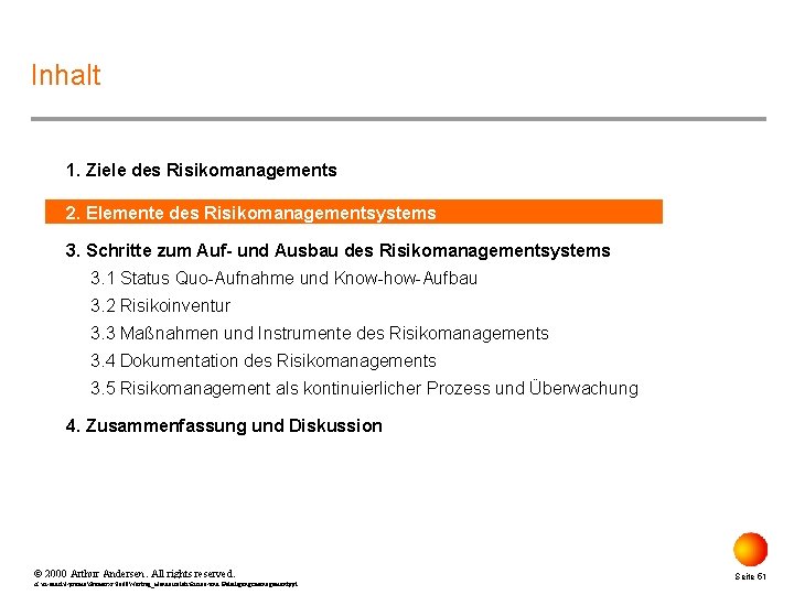 Inhalt 1. Ziele des Risikomanagements 2. Elemente des Risikomanagementsystems 3. Schritte zum Auf- und