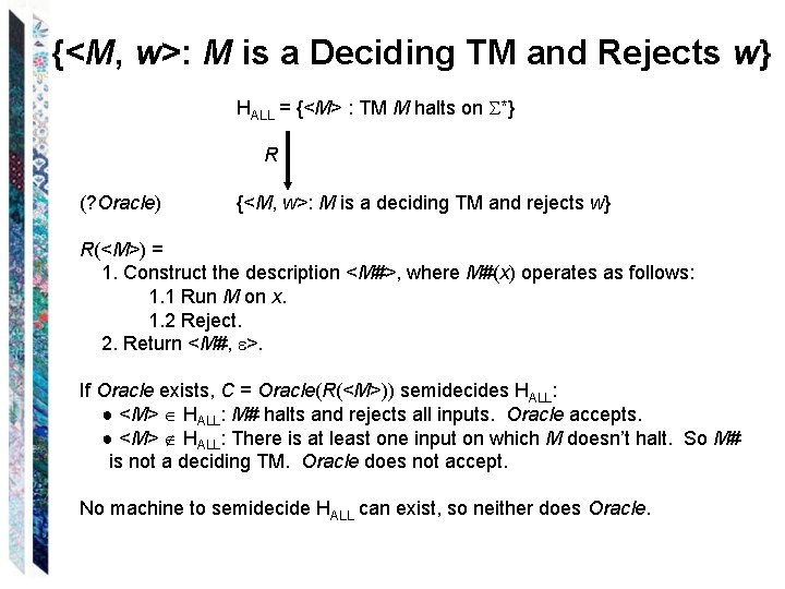 {<M, w>: M is a Deciding TM and Rejects w} HALL = {<M> :