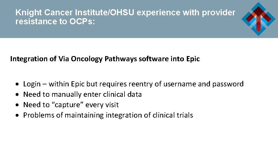 Knight Cancer Institute/OHSU experience with provider resistance to OCPs: Integration of Via Oncology Pathways