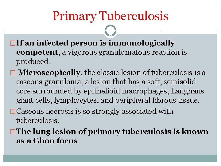 Primary Tuberculosis �If an infected person is immunologically competent, a vigorous granulomatous reaction is