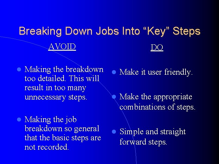 Breaking Down Jobs Into “Key” Steps AVOID DO Making the breakdown Make it user