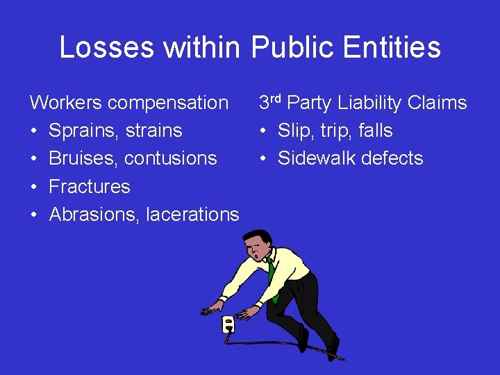 Losses within Public Entities Workers compensation 3 rd Party Liability Claims • Sprains, strains