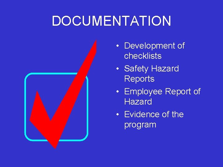 DOCUMENTATION • Development of checklists • Safety Hazard Reports • Employee Report of Hazard