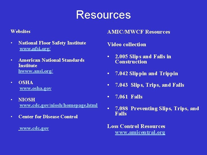 Resources Websites AMIC/MWCF Resources • National Floor Safety Institute www. nfsi. org/ Video collection