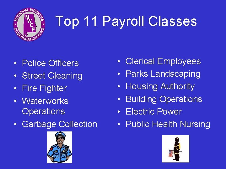 Top 11 Payroll Classes • • Police Officers Street Cleaning Fire Fighter Waterworks Operations