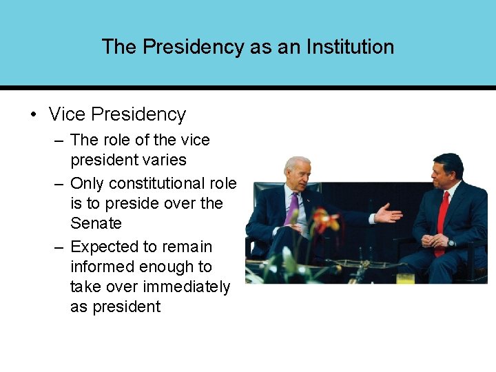 The Presidency as an Institution • Vice Presidency – The role of the vice