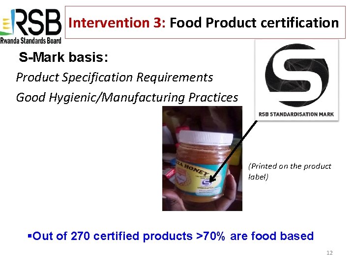 Intervention 3: Food Product certification S-Mark basis: Product Specification Requirements Good Hygienic/Manufacturing Practices (Printed