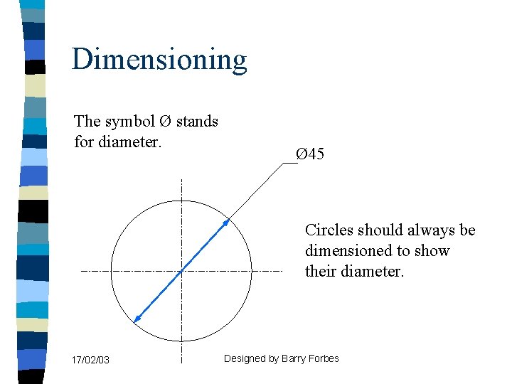 Dimensioning The symbol Ø stands for diameter. Ø 45 Circles should always be dimensioned