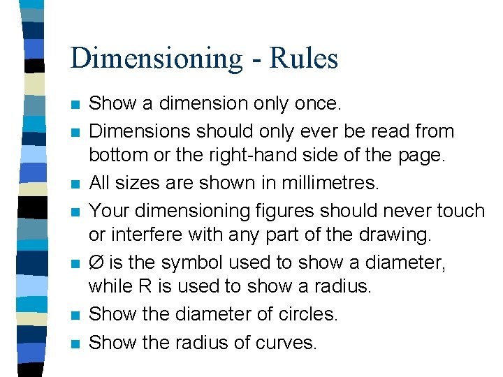Dimensioning - Rules n n n n Show a dimension only once. Dimensions should