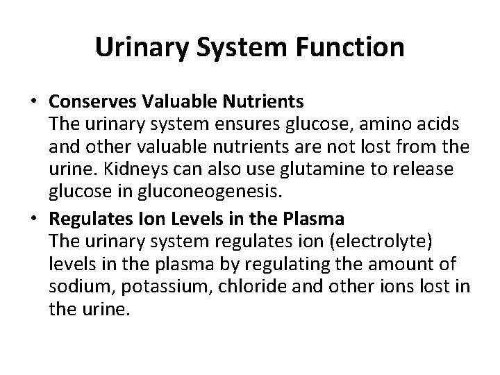 Urinary System Function • Conserves Valuable Nutrients The urinary system ensures glucose, amino acids