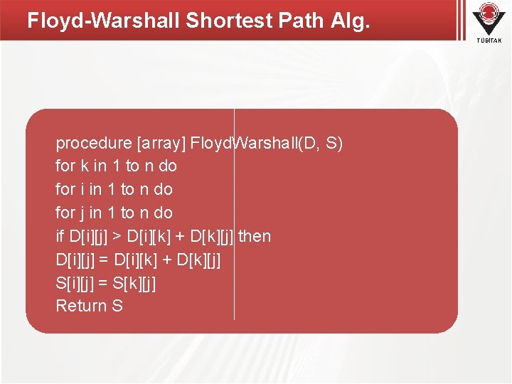 Floyd-Warshall Shortest Path Alg. TÜBİTAK procedure [array] Floyd. Warshall(D, S) for k in 1