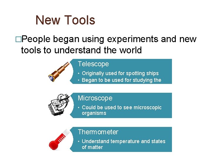 New Tools �People began using experiments and new tools to understand the world Telescope