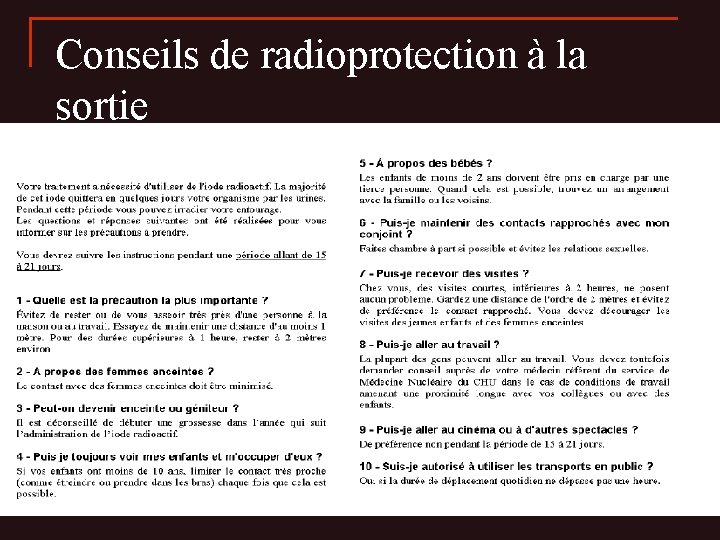 Conseils de radioprotection à la sortie 