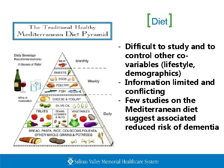 [Diet] - Difficult to study and to control other covariables (lifestyle, demographics) - Information