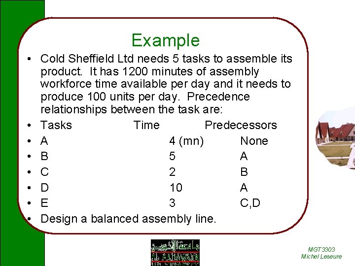 Example • Cold Sheffield Ltd needs 5 tasks to assemble its product. It has