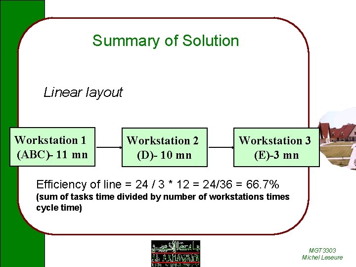 Summary of Solution Linear layout Workstation 1 (ABC)- 11 mn Workstation 2 (D)- 10