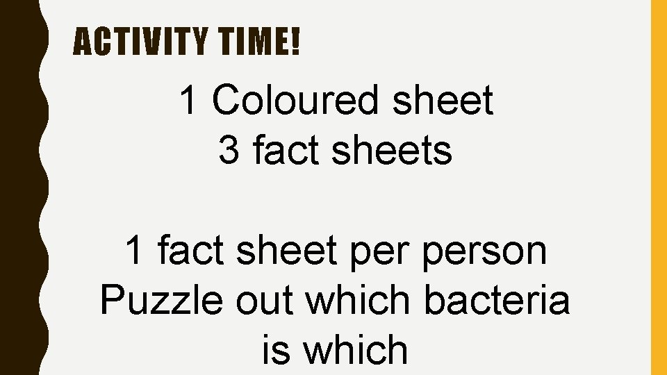 ACTIVITY TIME! 1 Coloured sheet 3 fact sheets 1 fact sheet person Puzzle out