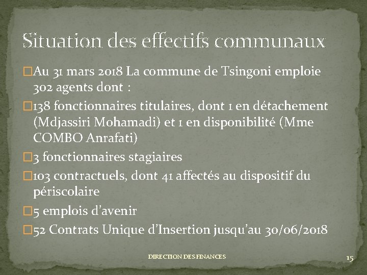 Situation des effectifs communaux �Au 31 mars 2018 La commune de Tsingoni emploie 302