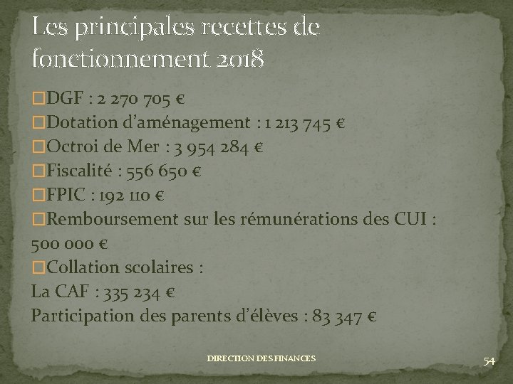 Les principales recettes de fonctionnement 2018 �DGF : 2 270 705 € �Dotation d’aménagement