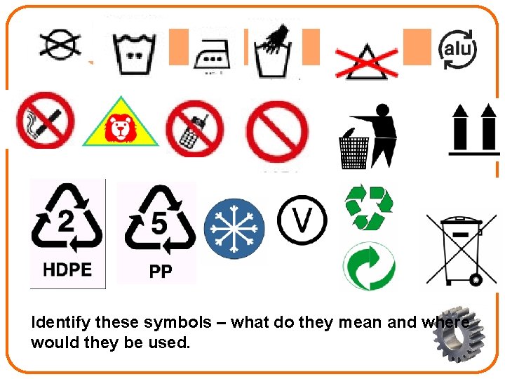 Identify these symbols – what do they mean and where would they be used.