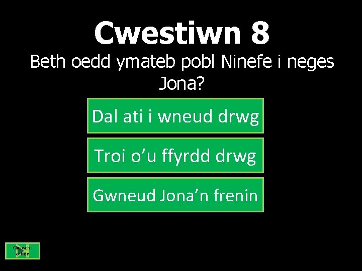 Cwestiwn 8 Beth oedd ymateb pobl Ninefe i neges Jona? Dal ati i wneud