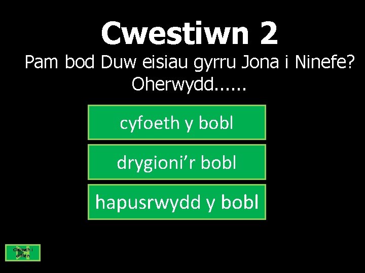 Cwestiwn 2 Pam bod Duw eisiau gyrru Jona i Ninefe? Oherwydd. . . cyfoeth