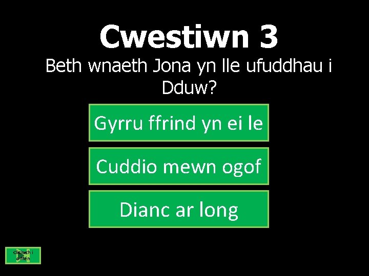 Cwestiwn 3 Beth wnaeth Jona yn lle ufuddhau i Dduw? Gyrru ffrind yn ei