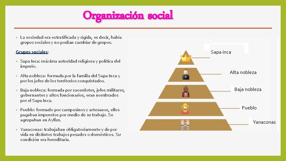 Organización social • La sociedad era estratificada y rígida, es decir, había grupos sociales