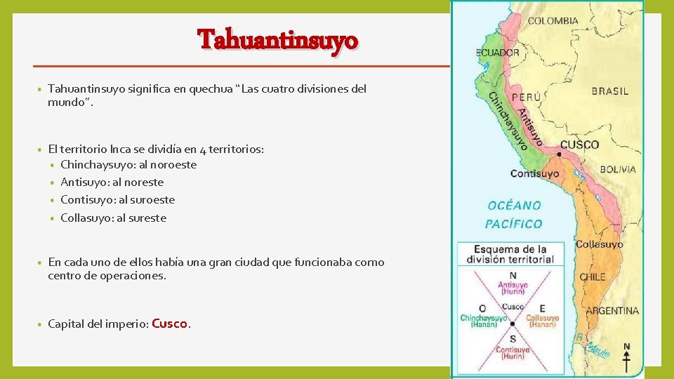 Tahuantinsuyo • Tahuantinsuyo significa en quechua “Las cuatro divisiones del mundo”. • El territorio