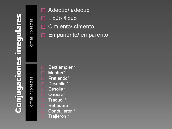 Adecúo/ adecuo � Licúo /licuo � Cimiento/ cimento � Empariento/ emparento Formas correctas Formas