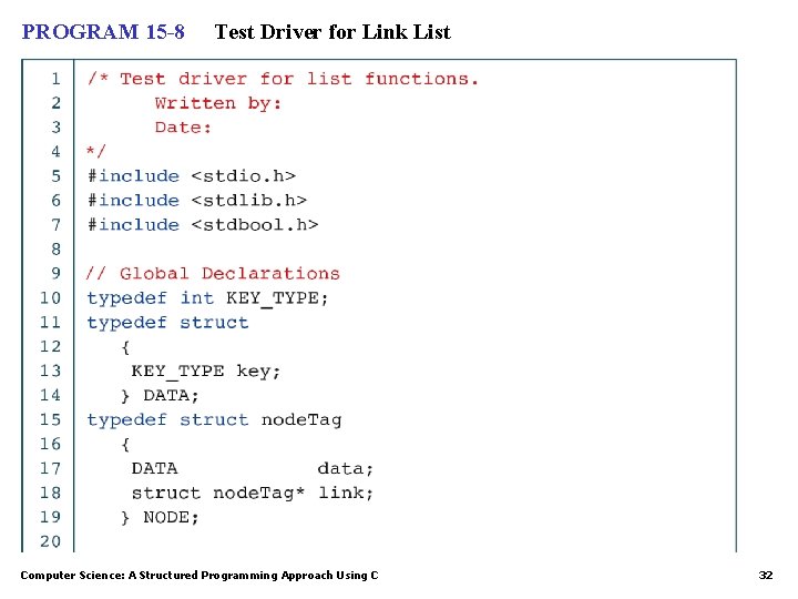 PROGRAM 15 -8 Test Driver for Link List Computer Science: A Structured Programming Approach PROGRAM 15 -8 Test Driver for Link List Computer Science: A Structured Programming Approach