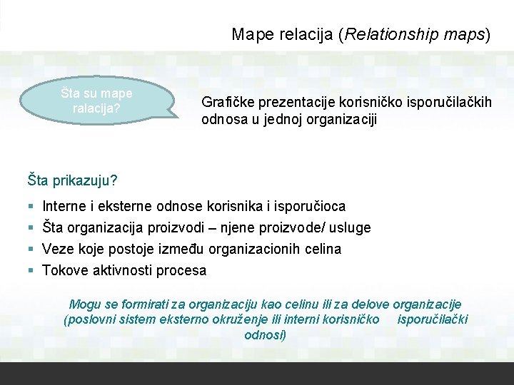 Mape relacija (Relationship maps) Šta su mape ralacija? Grafičke prezentacije korisničko isporučilačkih odnosa u