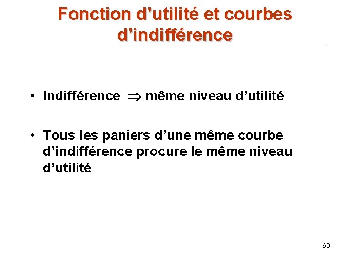 Fonction d’utilité et courbes d’indifférence • Indifférence même niveau d’utilité • Tous les paniers