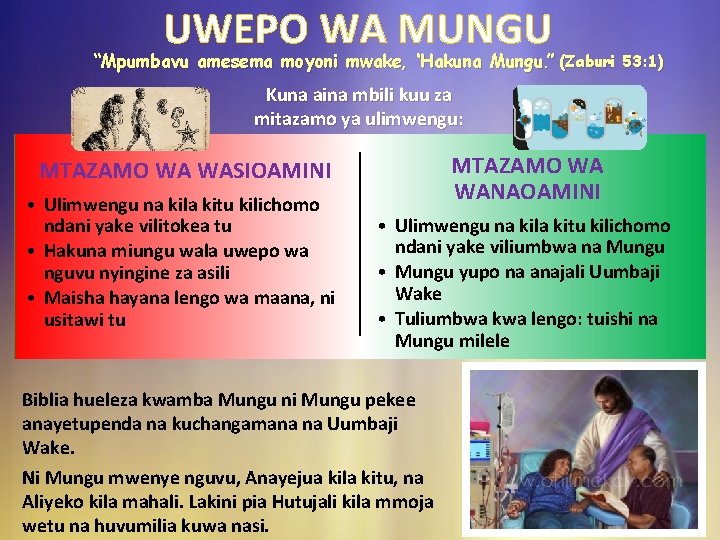 UWEPO WA MUNGU “Mpumbavu amesema moyoni mwake, ‘Hakuna Mungu. ’” (Zaburi 53: 1) Kuna