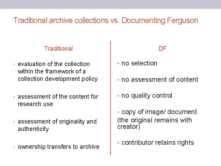 Traditional archive collections vs. Documenting Ferguson Traditional • evaluation of the collection within the