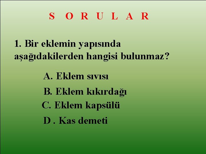 S O R U L A R 1. Bir eklemin yapısında aşağıdakilerden hangisi bulunmaz?