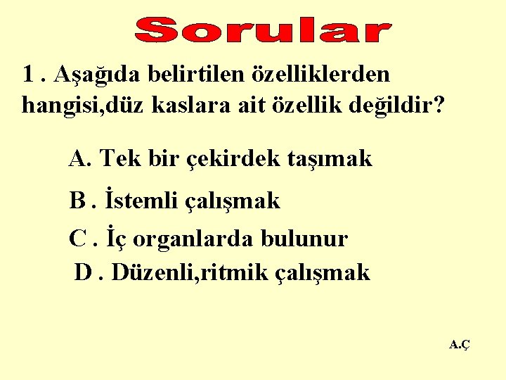 1. Aşağıda belirtilen özelliklerden hangisi, düz kaslara ait özellik değildir? A. Tek bir çekirdek