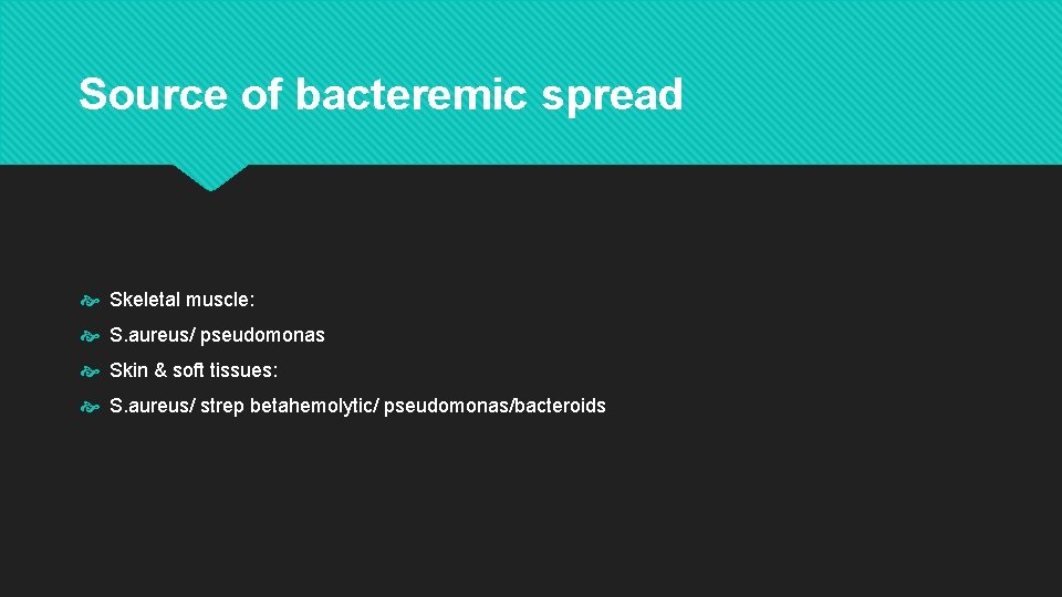 Source of bacteremic spread Skeletal muscle: S. aureus/ pseudomonas Skin & soft tissues: S.