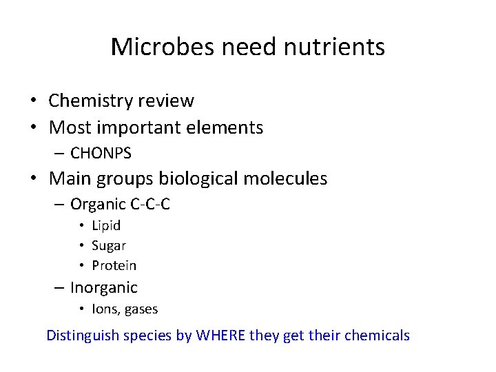 Microbes need nutrients • Chemistry review • Most important elements – CHONPS • Main