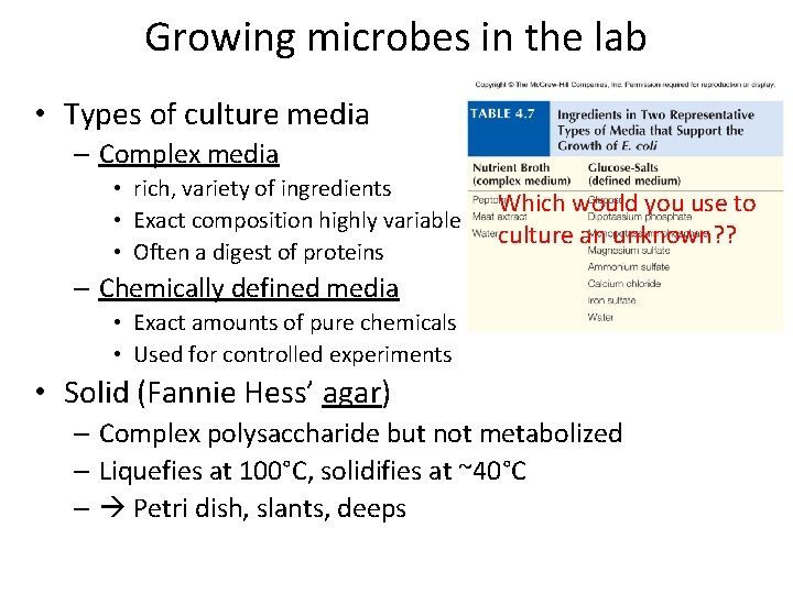Growing microbes in the lab • Types of culture media – Complex media •